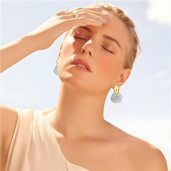 Two-Tone Chunky Earrings | Gold Oval & Silver Fan Shell Dangles - Picture 4 of 6